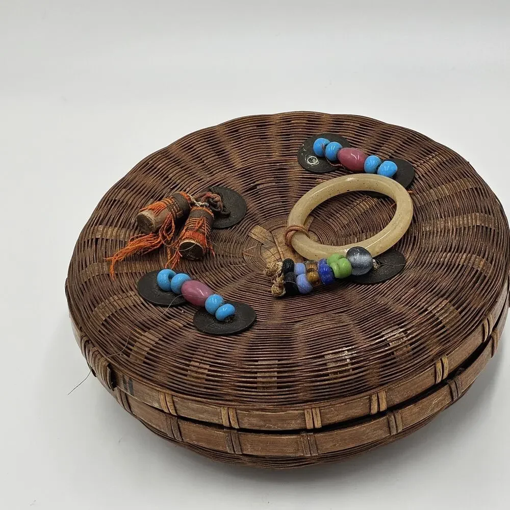 VTG 1950s Chinese Wicker Bamboo Sewing Basket w Colorful Beads Jadeite Tassels